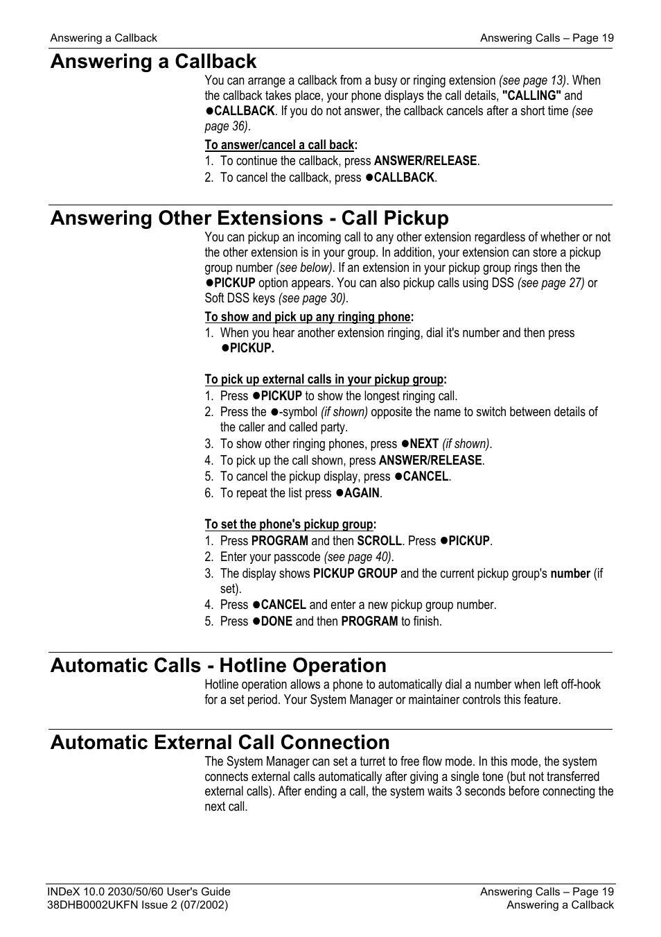 Answering a callback, Answering other extensions - call pickup, Automatic calls - hotline operation | Automatic external call connection | Avaya INDeX 2030 User Manual | Page 19 / 50