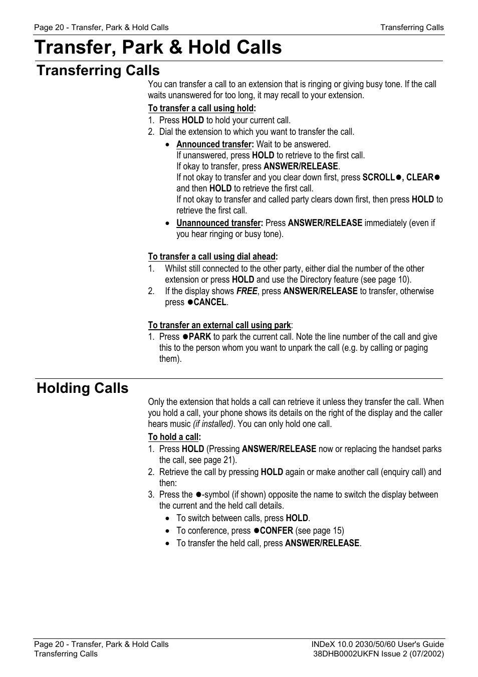 Transfer, park & hold calls, Transferring calls, Holding calls | Avaya INDeX 2030 User Manual | Page 20 / 50