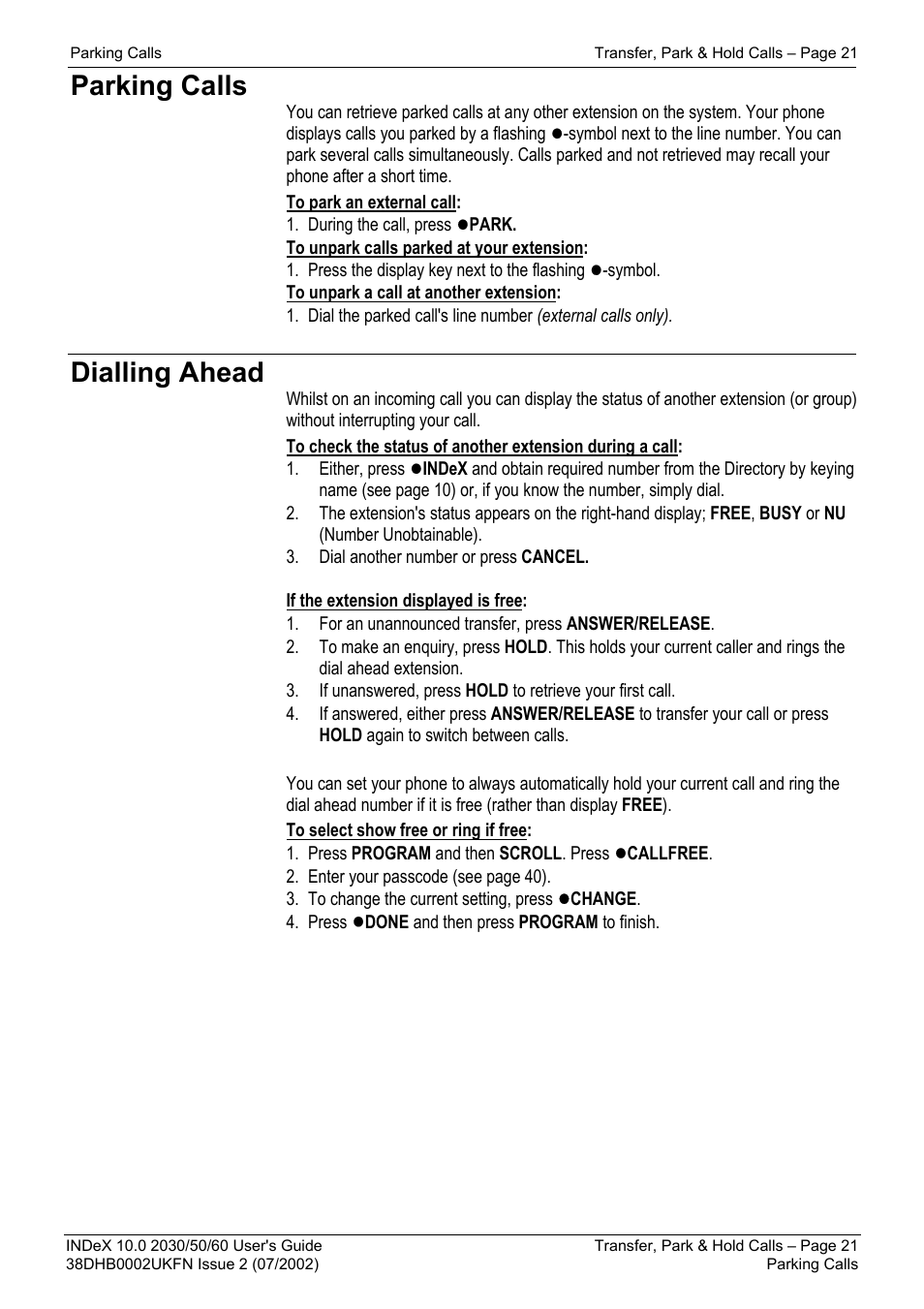 Parking calls, Dialling ahead | Avaya INDeX 2030 User Manual | Page 21 / 50
