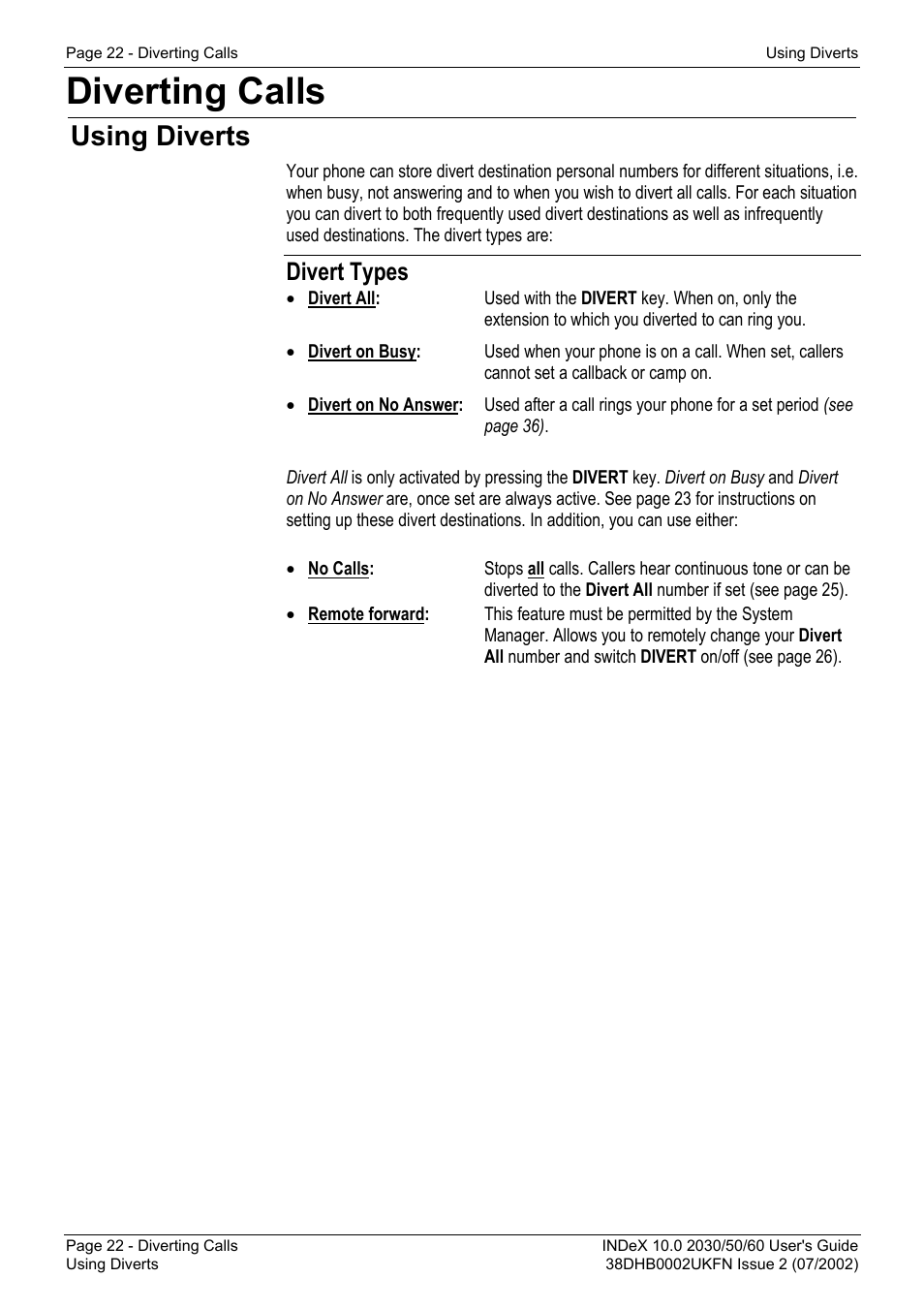 Diverting calls, Using diverts, Divert types | Avaya INDeX 2030 User Manual | Page 22 / 50