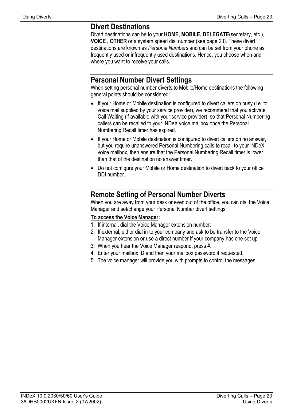 Divert destinations, Personal number divert settings, Remote setting of personal number diverts | Avaya INDeX 2030 User Manual | Page 23 / 50