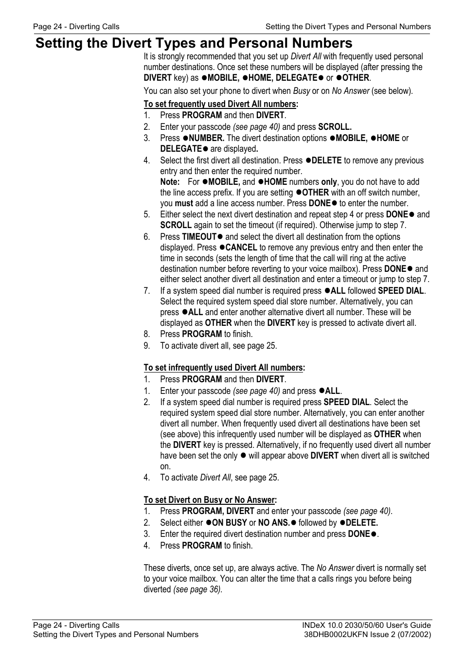 Setting the divert types and personal numbers | Avaya INDeX 2030 User Manual | Page 24 / 50