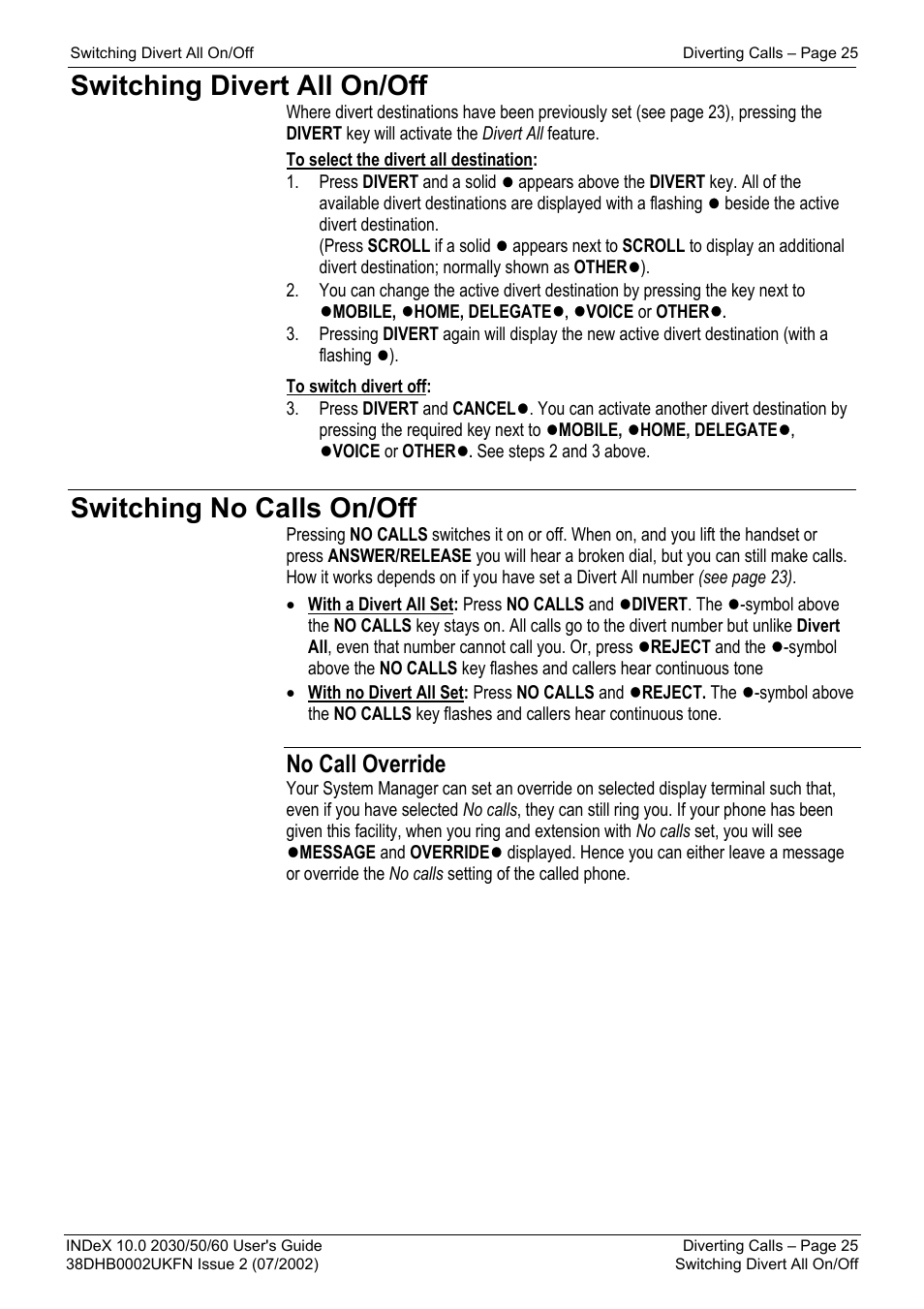 Switching divert all on/off, Switching no calls on/off, No call override | Avaya INDeX 2030 User Manual | Page 25 / 50