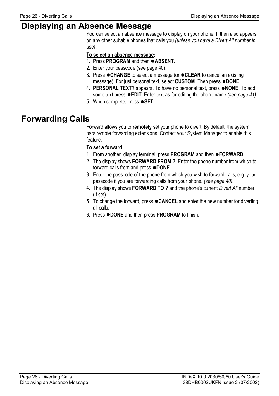 Displaying an absence message, Forwarding calls | Avaya INDeX 2030 User Manual | Page 26 / 50