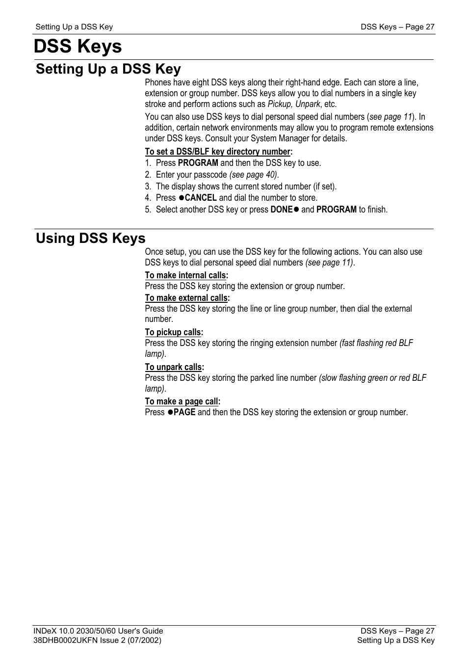 Dss keys, Setting up a dss key, Using dss keys | Avaya INDeX 2030 User Manual | Page 27 / 50