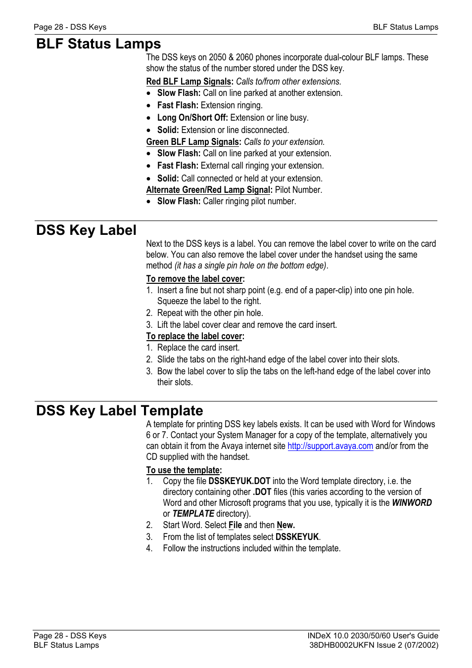 Blf status lamps, Dss key label, Dss key label template | Avaya INDeX 2030 User Manual | Page 28 / 50