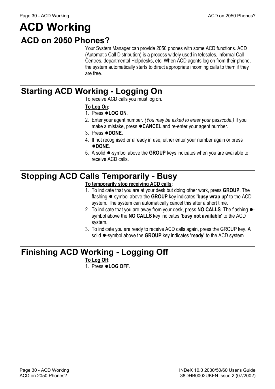 Acd working, Acd on 2050 phones, Starting acd working - logging on | Stopping acd calls temporarily - busy, Finishing acd working - logging off | Avaya INDeX 2030 User Manual | Page 30 / 50