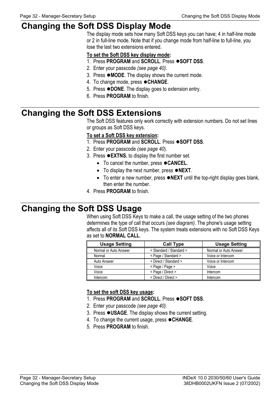 Changing the soft dss display mode, Changing the soft dss extensions, Changing the soft dss usage | Avaya INDeX 2030 User Manual | Page 32 / 50
