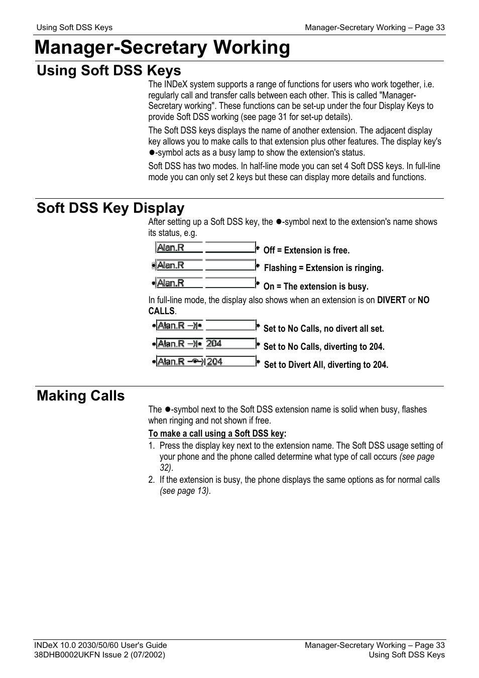 Manager-secretary working, Using soft dss keys, Soft dss key display | Making calls | Avaya INDeX 2030 User Manual | Page 33 / 50