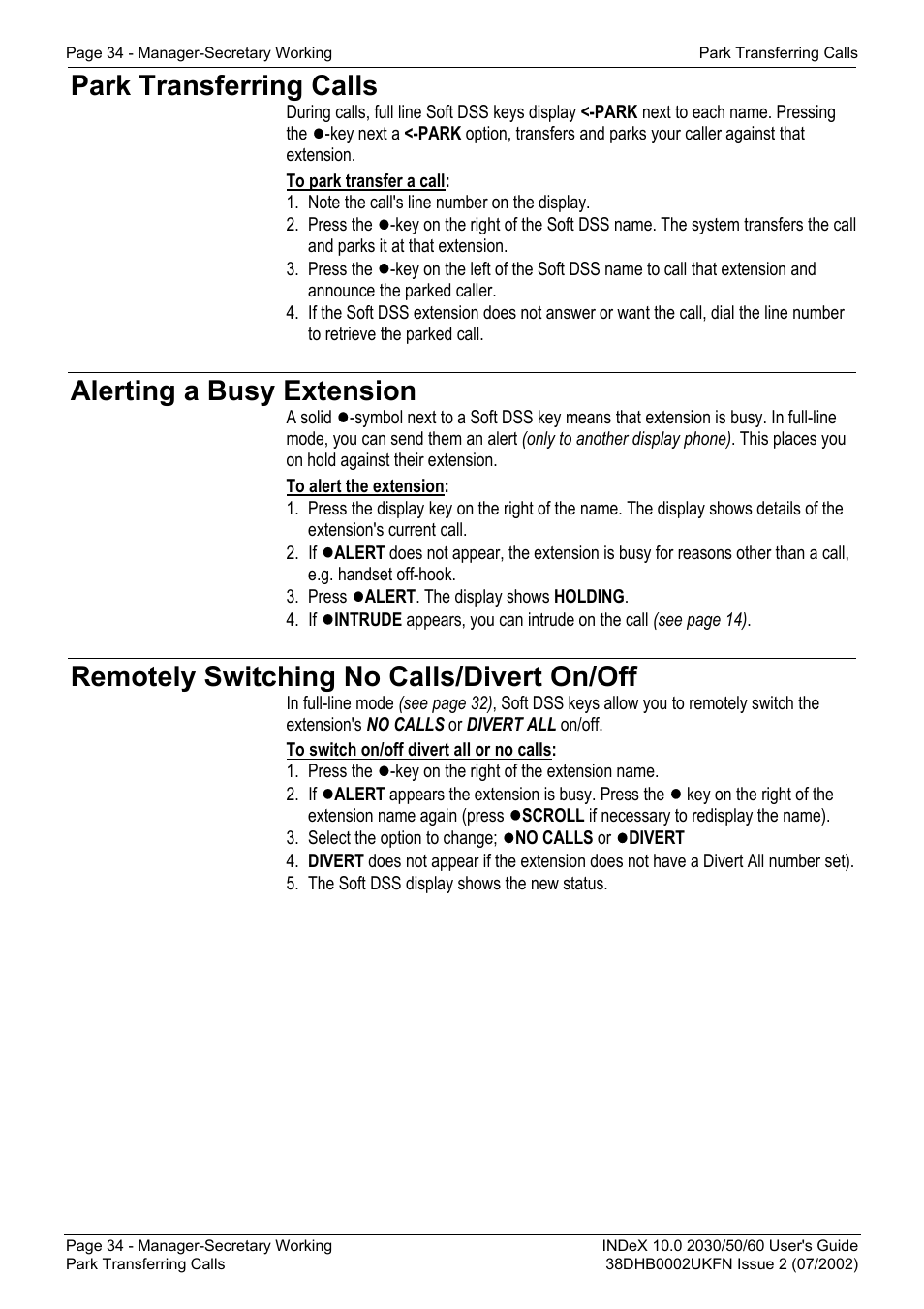 Park transferring calls, Alerting a busy extension, Remotely switching no calls/divert on/off | Avaya INDeX 2030 User Manual | Page 34 / 50