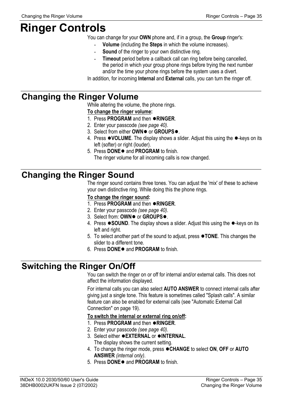 Ringer controls, Changing the ringer volume, Changing the ringer sound | Switching the ringer on/off | Avaya INDeX 2030 User Manual | Page 35 / 50