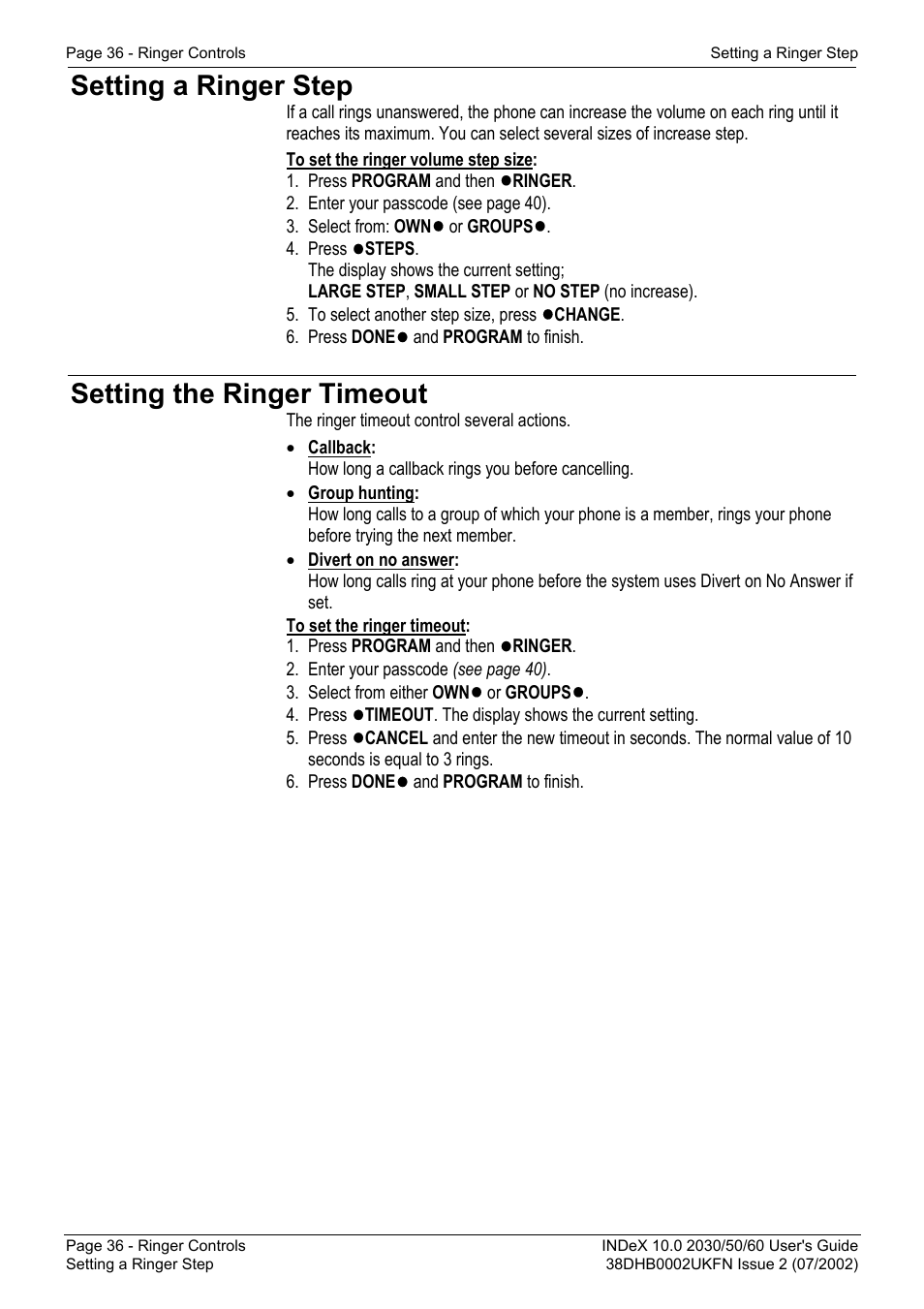 Setting a ringer step, Setting the ringer timeout | Avaya INDeX 2030 User Manual | Page 36 / 50