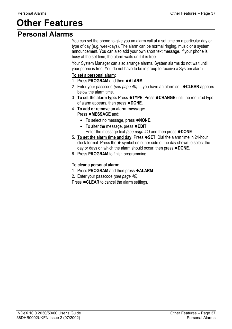Other features, Personal alarms | Avaya INDeX 2030 User Manual | Page 37 / 50