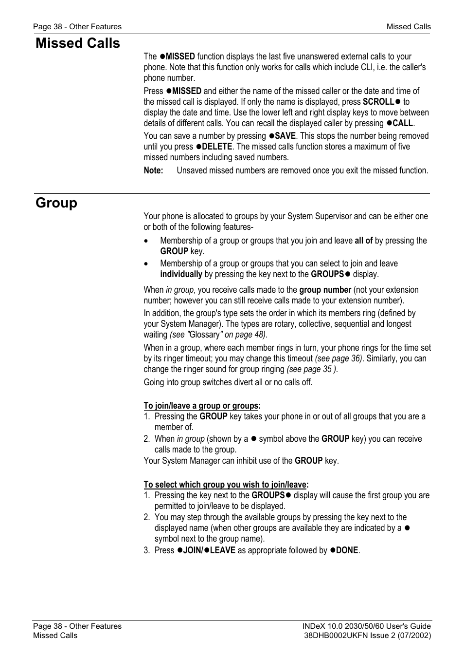 Missed calls, Group | Avaya INDeX 2030 User Manual | Page 38 / 50