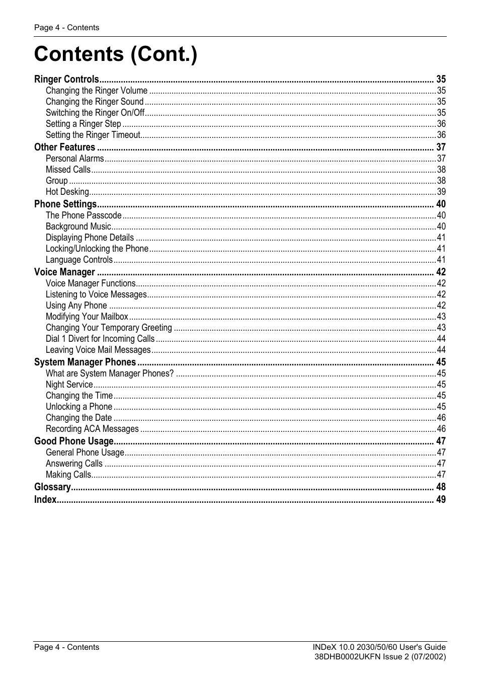 Contents (cont.) | Avaya INDeX 2030 User Manual | Page 4 / 50