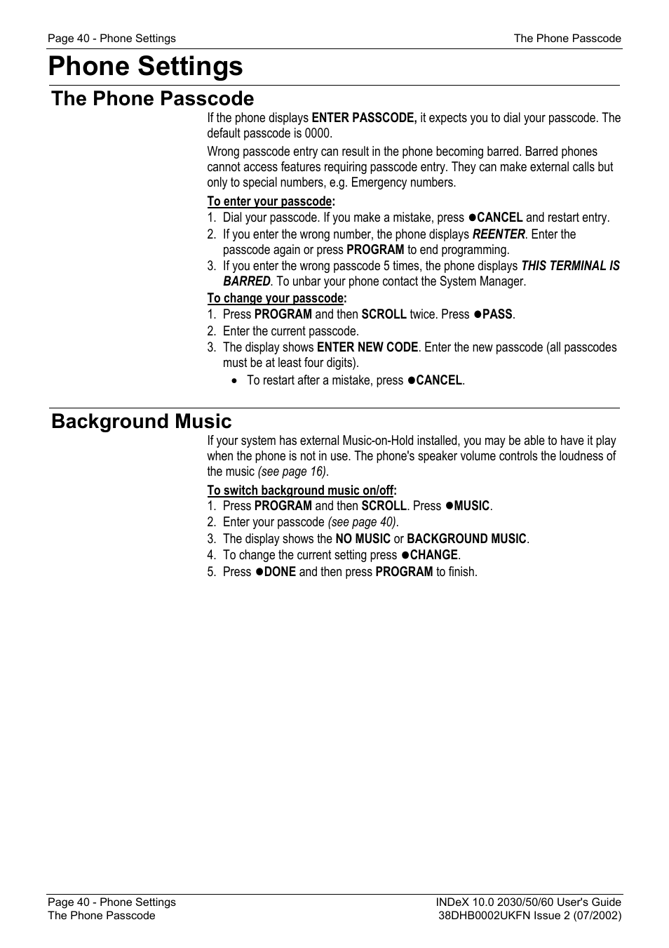 Phone settings, The phone passcode, Background music | Avaya INDeX 2030 User Manual | Page 40 / 50