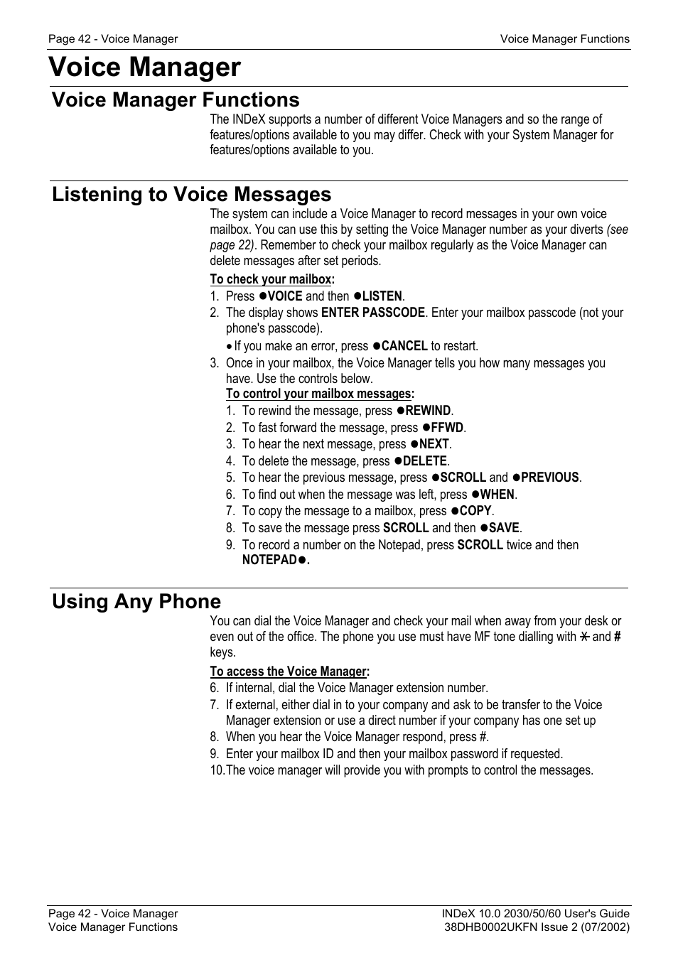Voice manager, Voice manager functions, Listening to voice messages | Using any phone | Avaya INDeX 2030 User Manual | Page 42 / 50