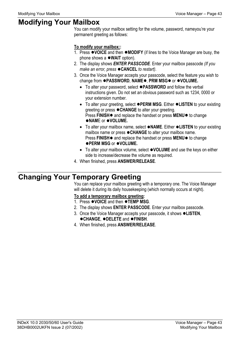 Modifying your mailbox, Changing your temporary greeting | Avaya INDeX 2030 User Manual | Page 43 / 50