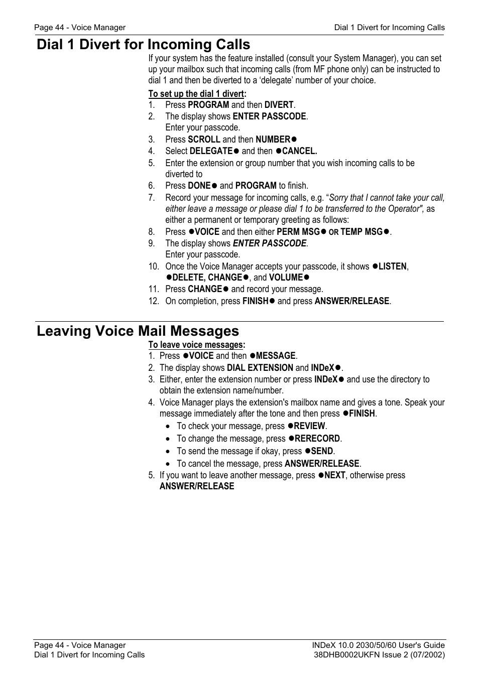 Dial 1 divert for incoming calls, Leaving voice mail messages | Avaya INDeX 2030 User Manual | Page 44 / 50