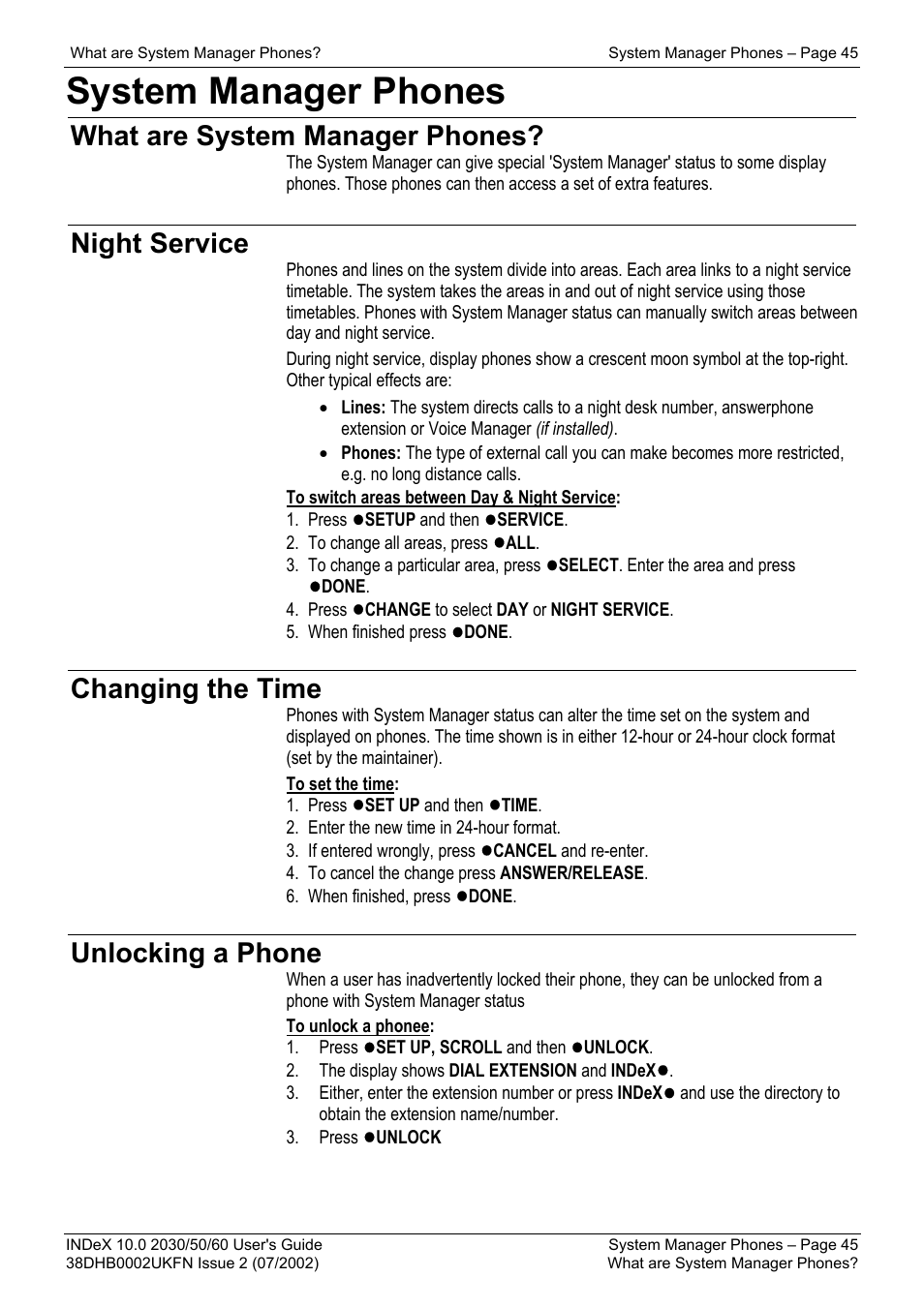 System manager phones, What are system manager phones, Night service | Changing the time, Unlocking a phone | Avaya INDeX 2030 User Manual | Page 45 / 50