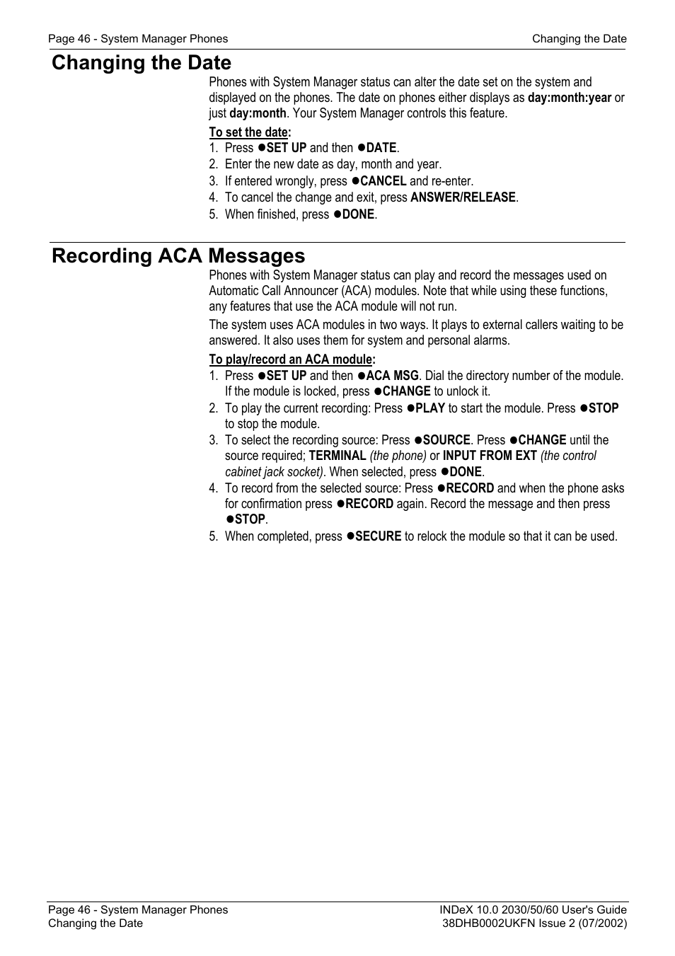 Changing the date, Recording aca messages | Avaya INDeX 2030 User Manual | Page 46 / 50