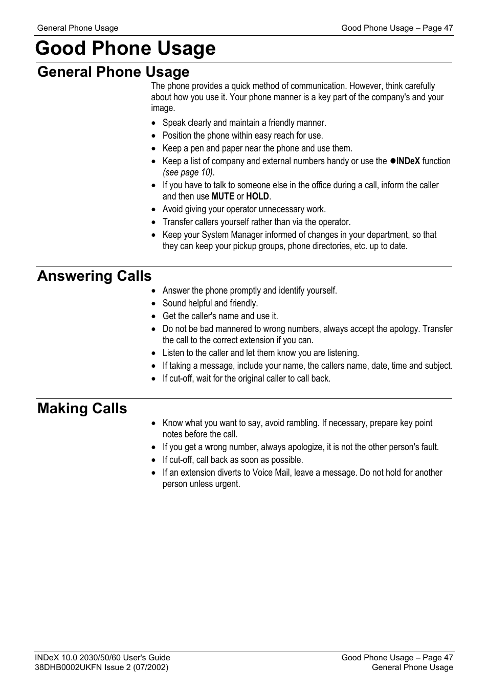Good phone usage, General phone usage, Answering calls | Making calls | Avaya INDeX 2030 User Manual | Page 47 / 50