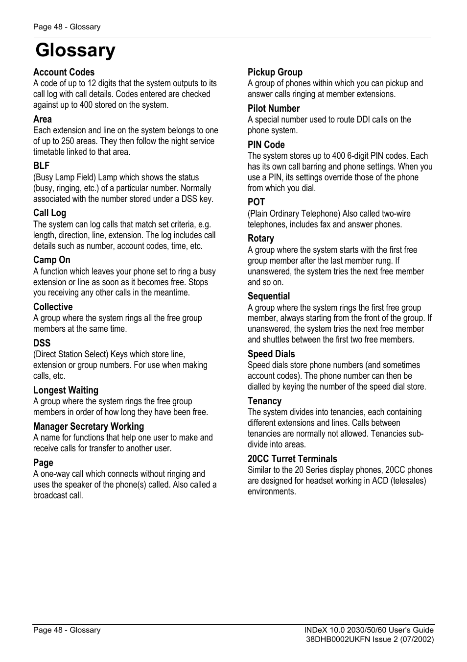 Account codes, Glossary, Area | Call log, Camp on, Collective, Longest waiting, Manager secretary working, Pickup group, Pilot number | Avaya INDeX 2030 User Manual | Page 48 / 50