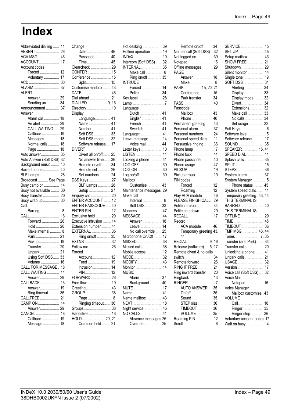 Index | Avaya INDeX 2030 User Manual | Page 49 / 50