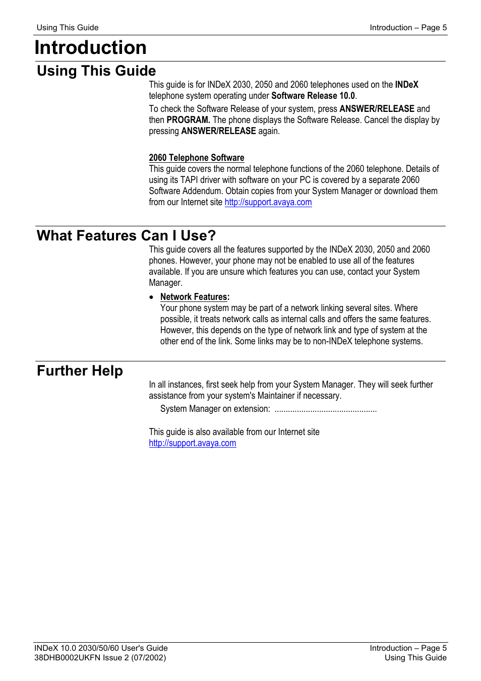 Introduction, Using this guide, What features can i use | Further help | Avaya INDeX 2030 User Manual | Page 5 / 50