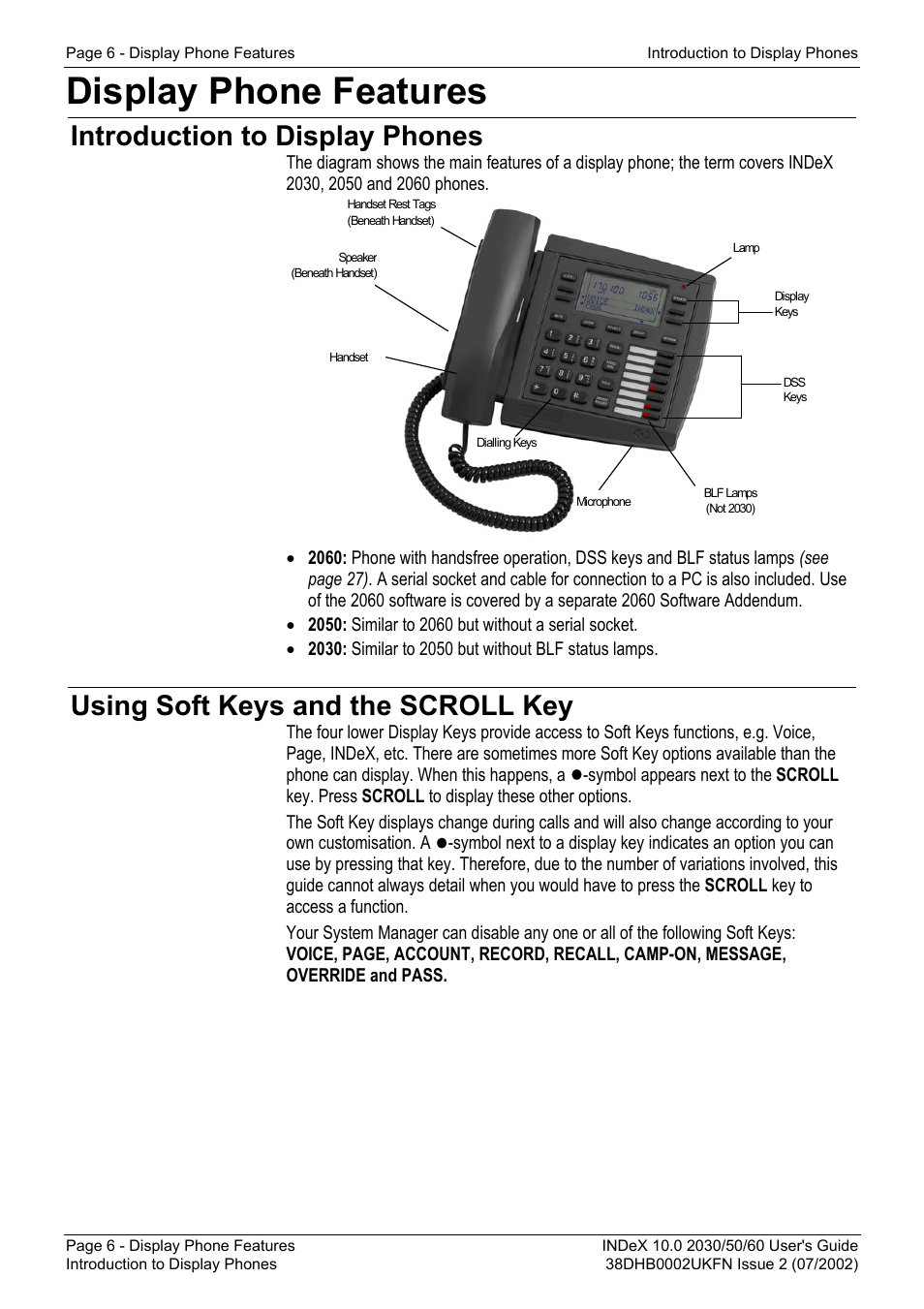 Display phone features, Introduction to display phones, Using soft keys and the scroll key | Avaya INDeX 2030 User Manual | Page 6 / 50