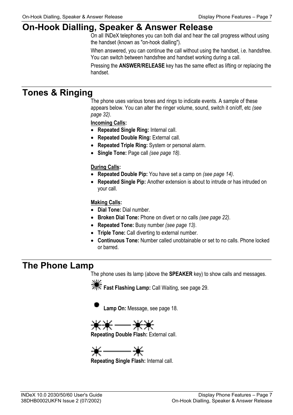 On-hook dialling, speaker & answer release, Tones & ringing, The phone lamp | Avaya INDeX 2030 User Manual | Page 7 / 50