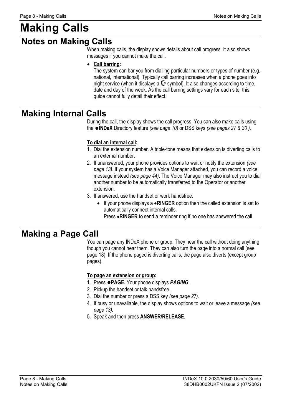 Making calls, Notes on making calls, Making internal calls | Making a page call | Avaya INDeX 2030 User Manual | Page 8 / 50