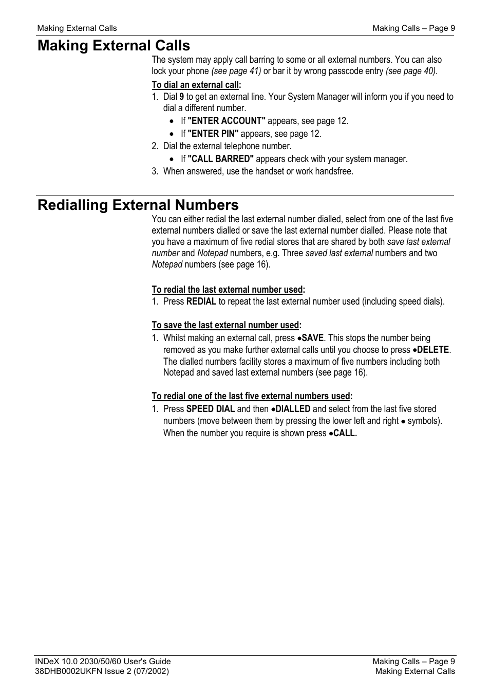 Making external calls, Redialling external numbers | Avaya INDeX 2030 User Manual | Page 9 / 50