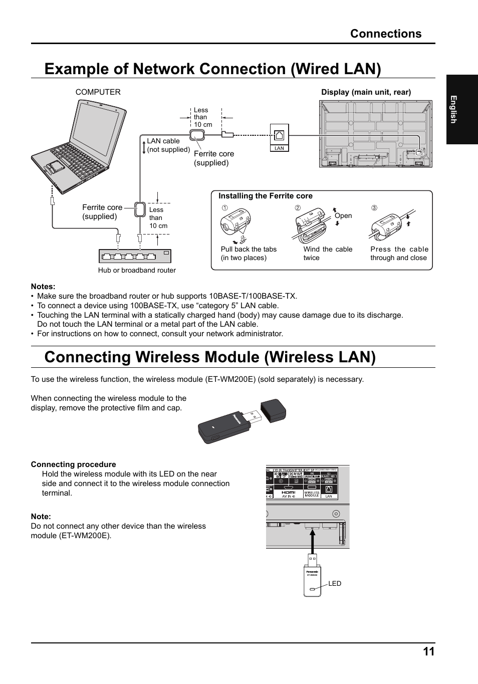 Example of network connection (wired lan), Connecting wireless module (wireless lan), Connections | Panasonic TH65PF50E User Manual | Page 11 / 72