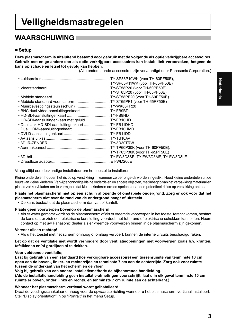 Veiligheidsmaatregelen, Waarschuwing | Panasonic TH65PF50E User Manual | Page 21 / 72