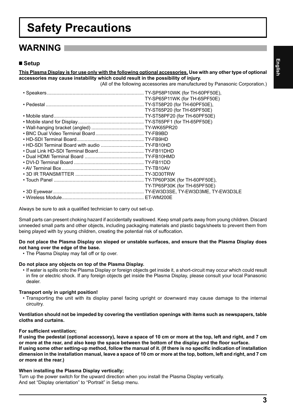 Safety precautions, Warning | Panasonic TH65PF50E User Manual | Page 3 / 72