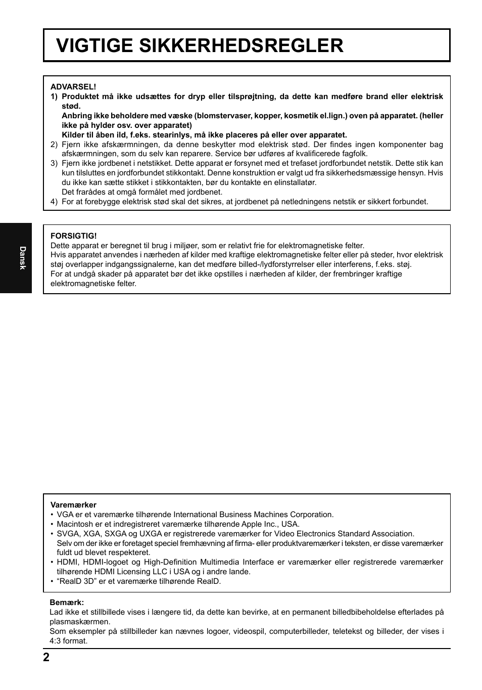 Vigtige sikkerhedsregler | Panasonic TH65PF50E User Manual | Page 38 / 72