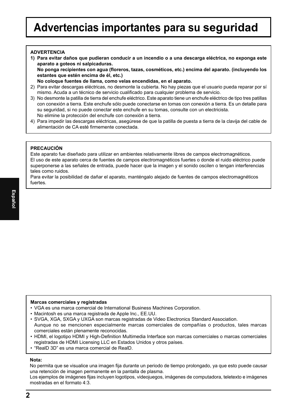 Advertencias importantes para su seguridad | Panasonic TH65PF50E User Manual | Page 56 / 72