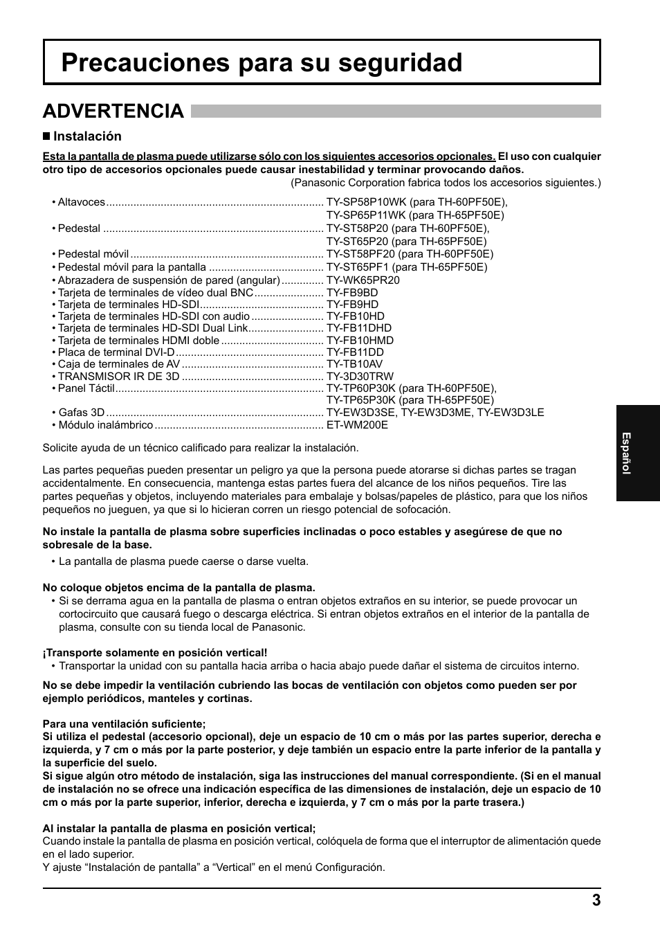 Precauciones para su seguridad, Advertencia | Panasonic TH65PF50E User Manual | Page 57 / 72