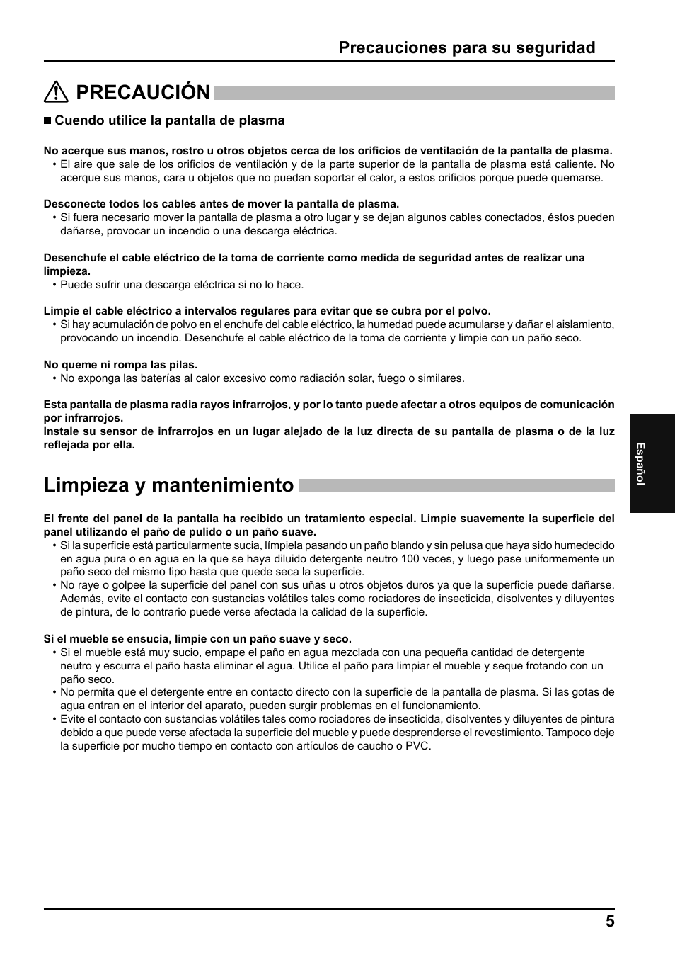 Precaución, Limpieza y mantenimiento, Precauciones para su seguridad | Panasonic TH65PF50E User Manual | Page 59 / 72