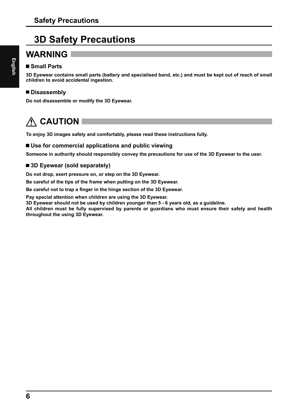 3d safety precautions, Warning, Caution | Safety precautions | Panasonic TH65PF50E User Manual | Page 6 / 72