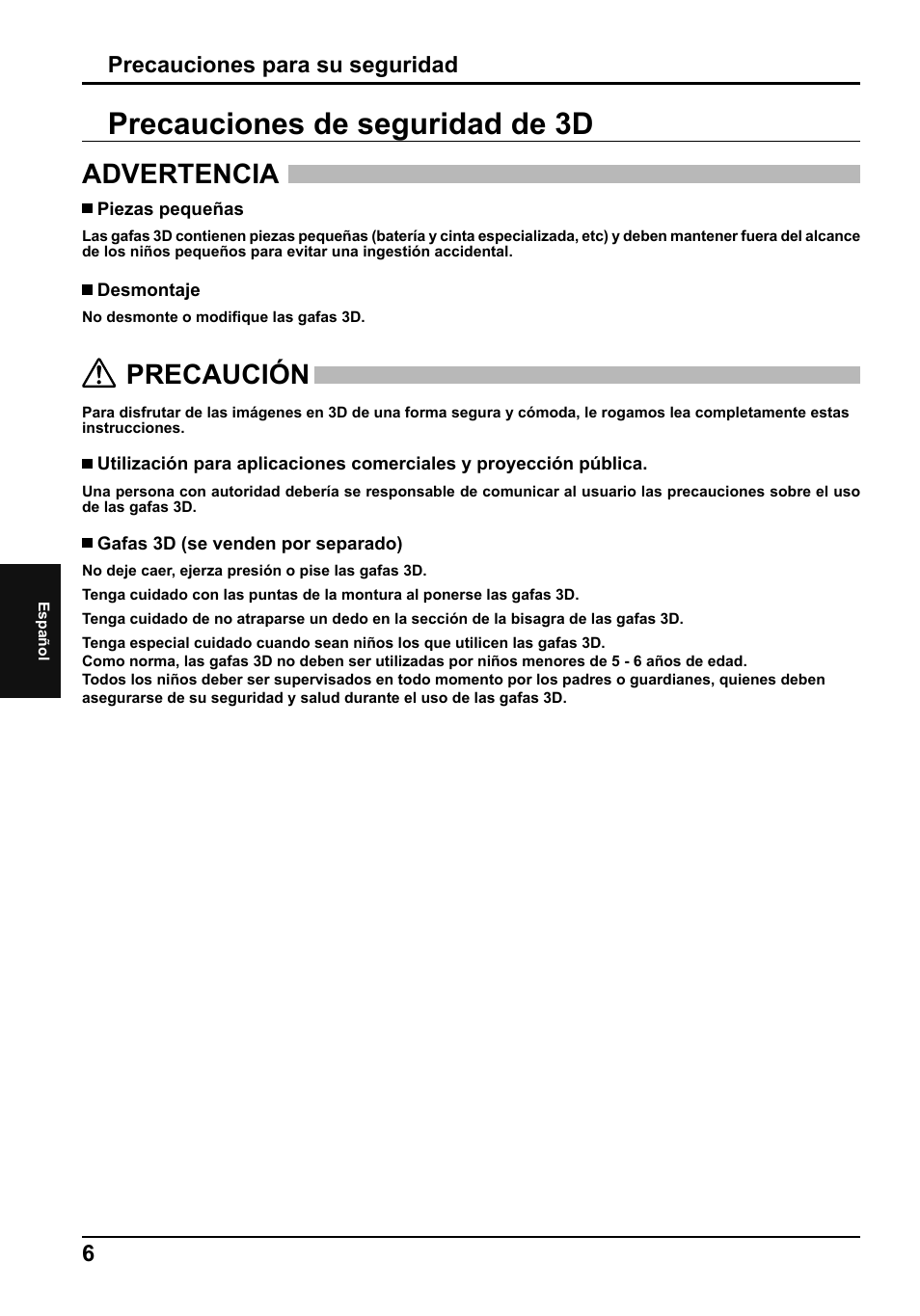 Precauciones de seguridad de 3d, Advertencia, Precaución | Precauciones para su seguridad | Panasonic TH65PF50E User Manual | Page 60 / 72