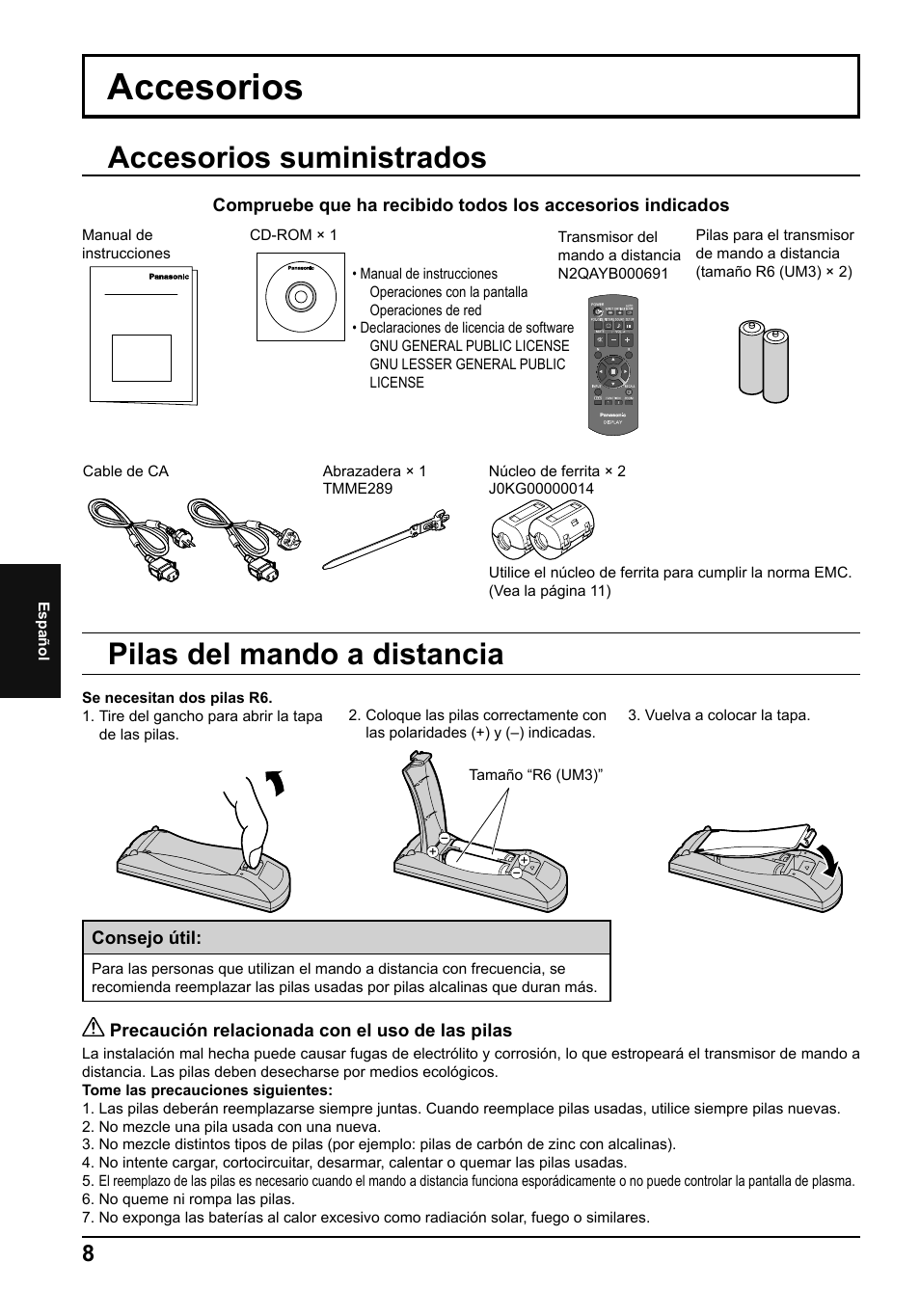 Accesorios, Accesorios suministrados, Pilas del mando a distancia | Panasonic TH65PF50E User Manual | Page 62 / 72