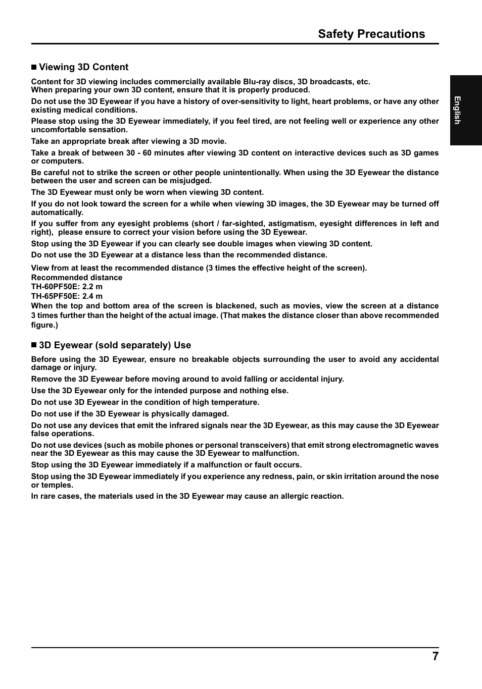Safety precautions | Panasonic TH65PF50E User Manual | Page 7 / 72