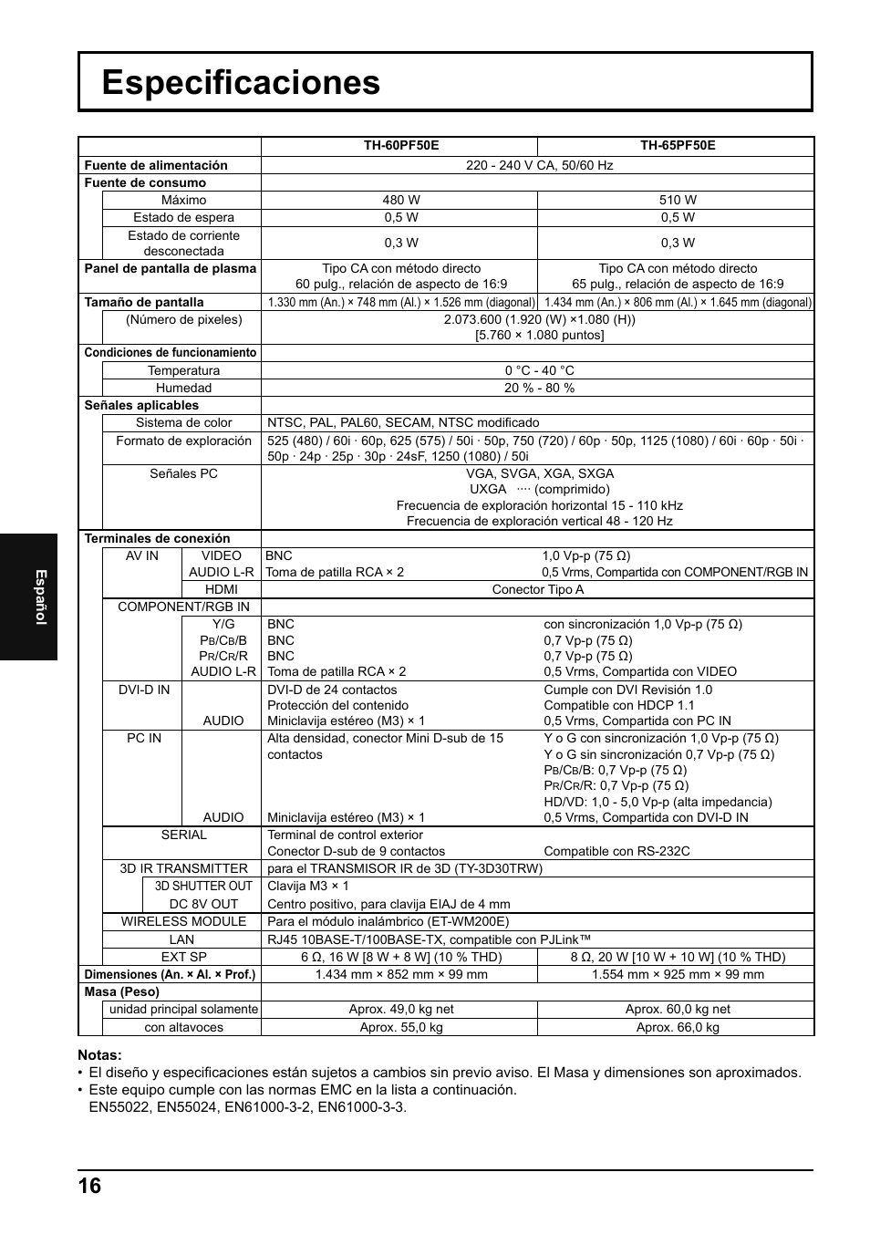 Especifi caciones | Panasonic TH65PF50E User Manual | Page 70 / 72