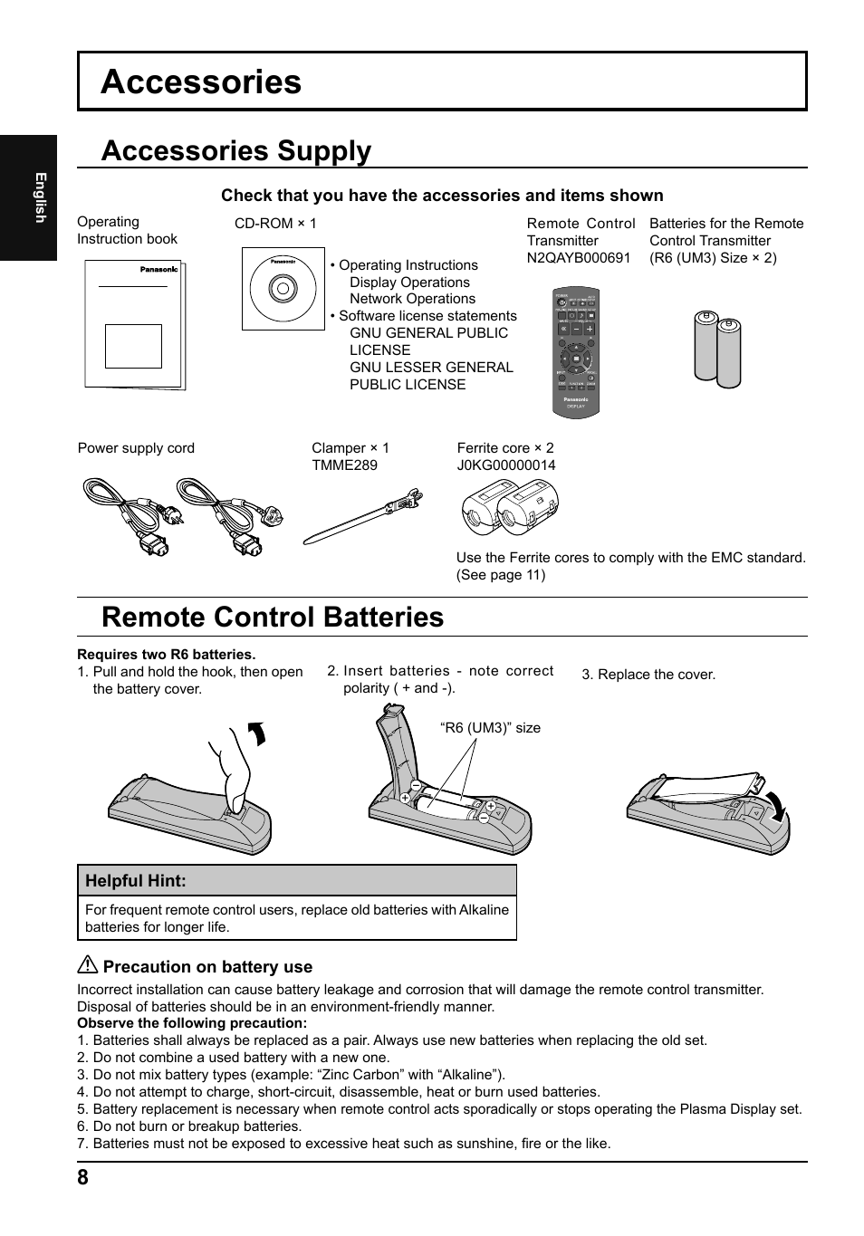 Accessories, Accessories supply, Remote control batteries | Panasonic TH65PF50E User Manual | Page 8 / 72