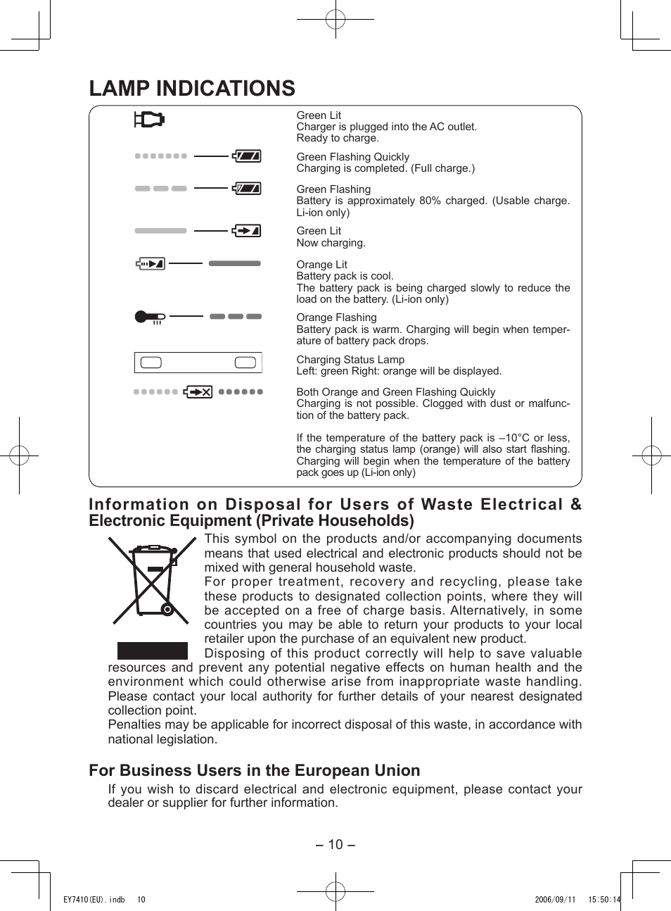 Lamp indications, For business users in the european union | Panasonic EY7410LA2S User Manual | Page 10 / 104
