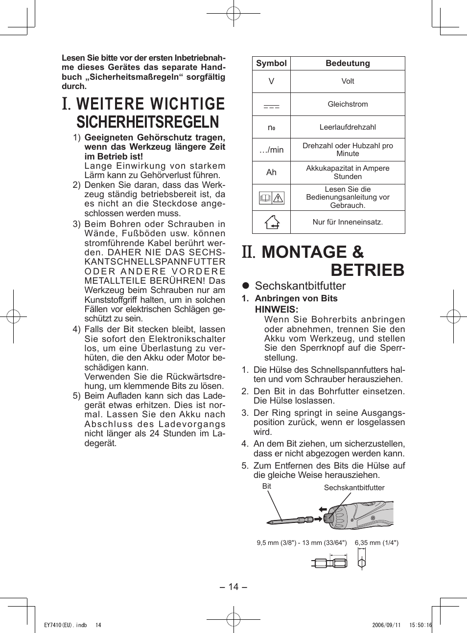 Weitere wichtige sicherheitsregeln, Montage & betrieb, Sechskantbitfutter | Panasonic EY7410LA2S User Manual | Page 14 / 104
