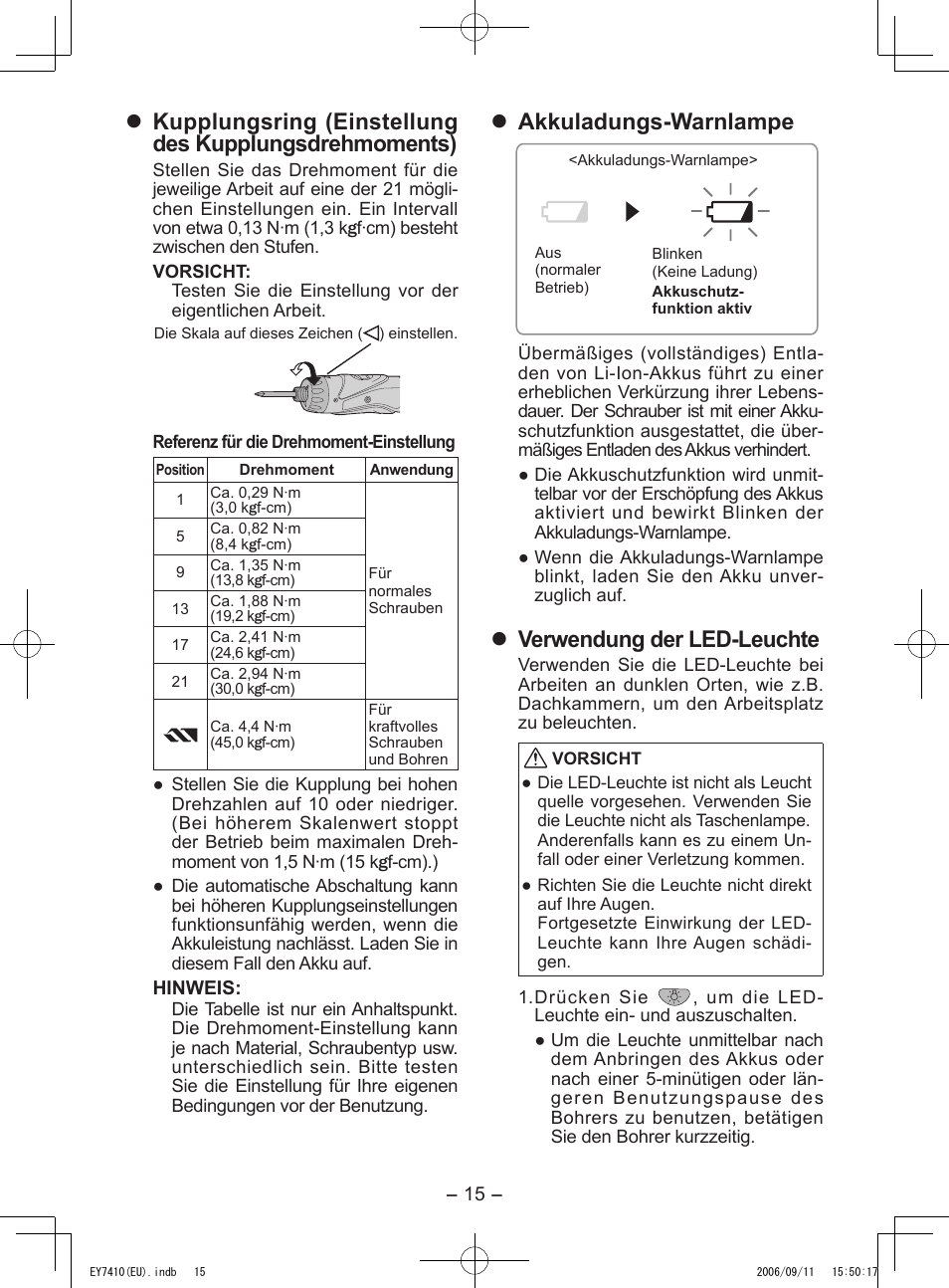 Akkuladungs-warnlampe, Verwendung der led-leuchte | Panasonic EY7410LA2S User Manual | Page 15 / 104