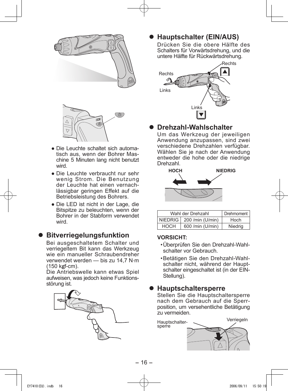 Bitverriegelungsfunktion, Hauptschalter (ein/aus), Drehzahl-wahlschalter | Hauptschaltersperre | Panasonic EY7410LA2S User Manual | Page 16 / 104